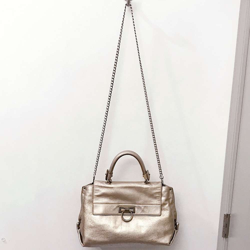 Salvatore Ferragamo Sofia Gancini Gold Metallic Leather Top Handle Crossbody Bag